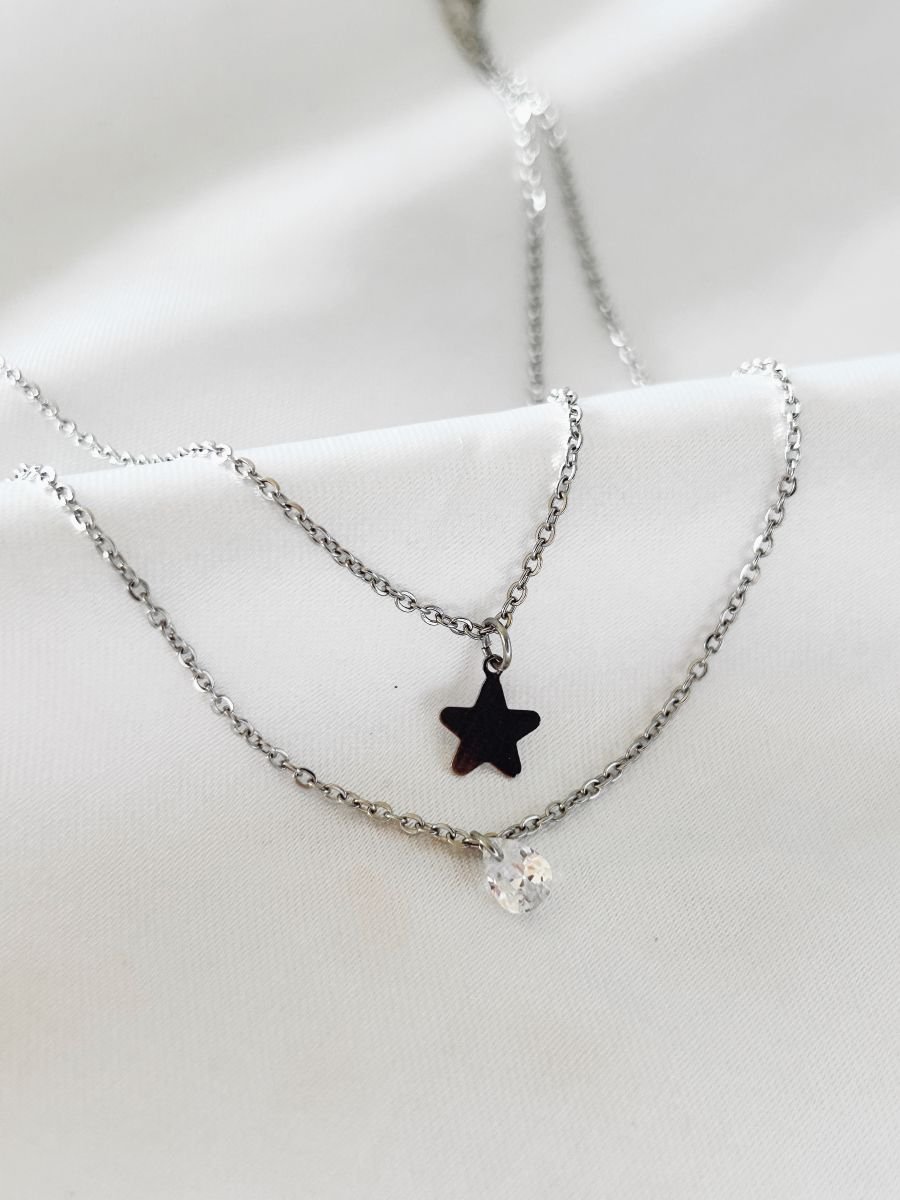 Colar Duplo Inox 'cadeado' Estrela+gota