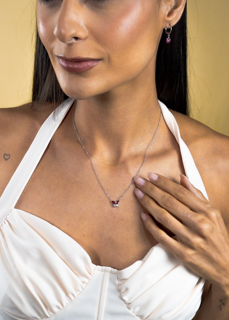 Colar Inox Cadeado Borboleta Cravejada