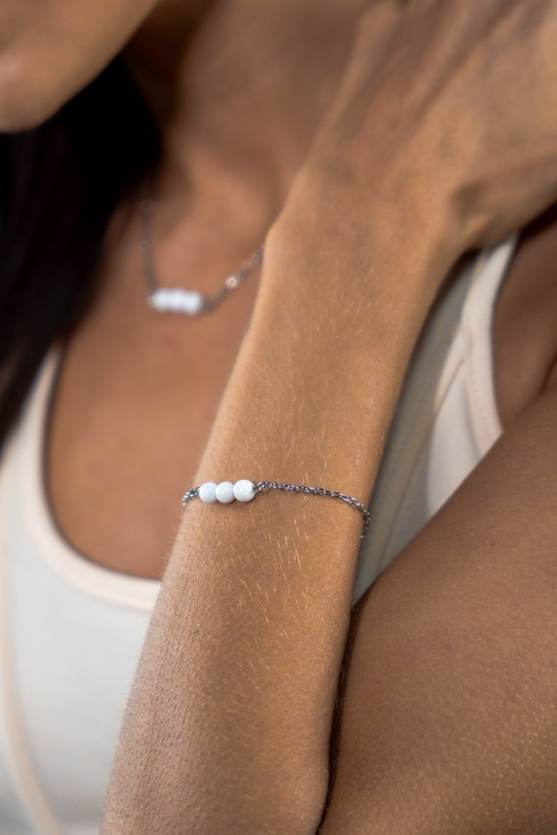 Pulseira Inox 'tijolinho'/bolas Naturais